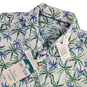 Tenth + Ocean‎ F112X4041 Mens Medium White Palm Tree S/S Washable Linen Shirt